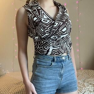 Jones New York Brown and White Patterned Wrap Shirt